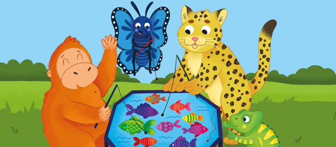 organutan, butterly, leopard and chameleon gathered around a table fishing