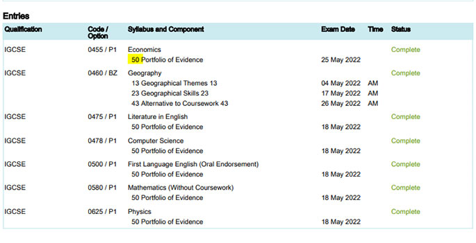 Screenshot showing syllabus and component number
