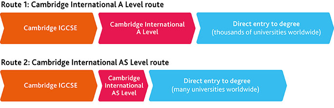 Diagrams showing A Level route and AS Level route to universities