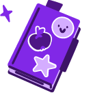 a book with a smiley emoji, an apple, and a star on its cover