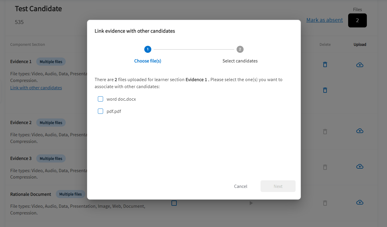 A screenshot of Submit for Assessment which shows you the files that are available to be linked with other candidates