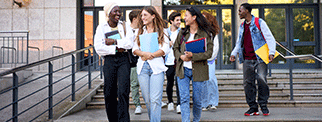 Students walking out of a building