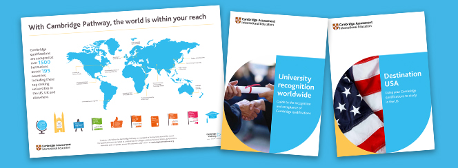 University regonition brochure front covers and the Cambridge Pathway globe